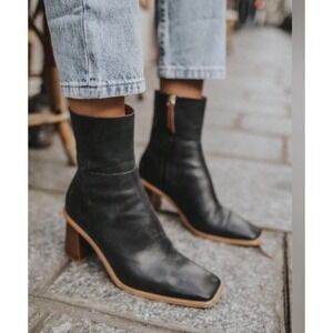 Alohas West Black Vintage Leather Square Toe Ankle Boots, Size 6.5 US/ EU 37